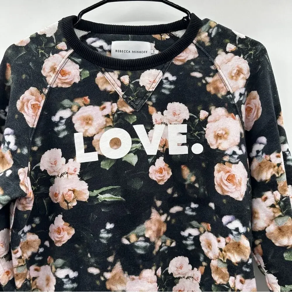 Rebecca Minkoff Jennings Black & Pink Love Floral Print Long Sleeve Sweater Sz S